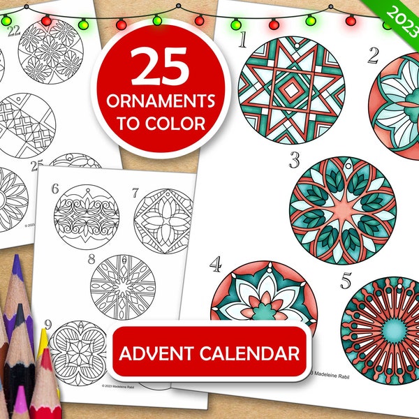Christmas Advent Calendar : 25 DIY Ornaments to Color While Counting Down to Christmas, PDF files ready to print
