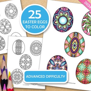 Könnte beinhalten: 25 druckbare Oster-Eier-Malvorlagen mit komplizierten Designs. Die Seiten sind mit "Fortgeschrittene Schwierigkeit" gekennzeichnet und zeigen eine Vielzahl von bunten Mustern.