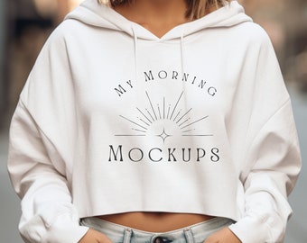 Independent Trading Company Mockup AFX64CRP White Hoodie Mockup White Cropped Sweatshirt Mockup, Cropped White hooded Sweatshirt Mockup
