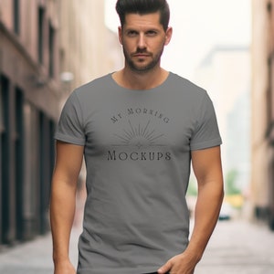 64000 mockup Gildan 64000 Charcoal Mockup, G64000 Charcoal soft style Men&#39;s Model Mockup, Free Size Chart Included