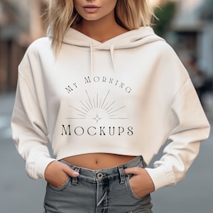 Independent Trading Company AFX64CRP White Mockup, White Cropped Hoodie  Mockup, Cropped White hooded Sweatshirt Mockup White Hoodie Mockup