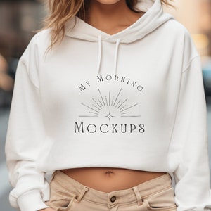 Independent Trading Company AFX64CRP White Mockup, White Cropped Hoodie Sweatshirt Mockup, Cropped White hooded Sweatshirt Mockup