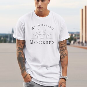 White Bella Canvas 3001 Mockup T-shirt Mockup Mens Bella Canvas Mockups for Print on Demand Tattooed Model Mockup Shirt Mockups Male Mock Up