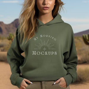 Bella Canvas 7506 Mockup Hoodie Mockup Cropped Hoodie Mockup 7506 Mock Up 7506 Military Green Mock-Up Green Hoodie Mock-up Bella Canvas Mock