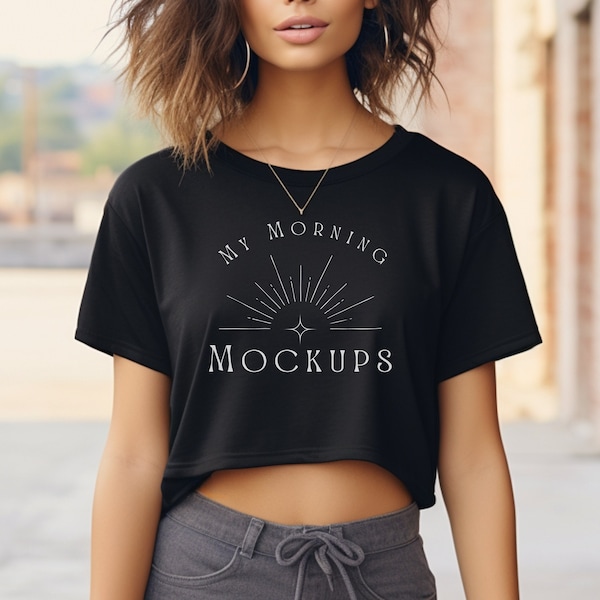 Bella Canvas 8882 Black Cropped Top Mockup  8882 mockup  Black tshirt Mockup | Black Cropped Top Mock-ups | Woman's Flowy Cropped Tee