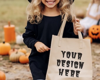 Canvas Tragetasche Mockup, Halloween Tragetasche Mockup, Canvas Tragetasche Süßes oder Saures Mockup, Kinder Tragetasche Mockup für Print on Demand