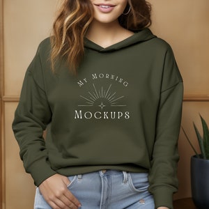 Bella Canvas 7506 Mockup Hoodie Mockup Cropped Hoodie Mockup 7506 Mock Up 7506 Military Green Mock-Up Green Hoodie Mock-up Bella Canvas Mock