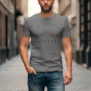 Gildan 64000 Charcoal Mockup, G64000 Charcoal soft style Men&#39;s Model Mockup, Free Size Chart Included For Print on Demand Shirt Mockups