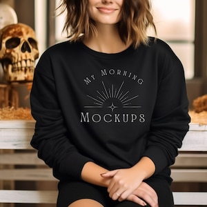 Black Gildan 18000 Mockup Halloween Sweatshirt Mockup Black Sweatshirt Halloween Mockup Print on Demand Mock Ups Fall Sweatshirt Mockup
