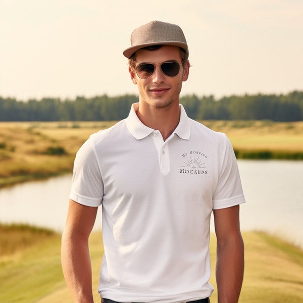 Mens White Polo Mockup | Male White Collard Polo Mock-ups | Mockup for mens sports polo | Mockup for Golf Dad Shirt | Golf Hat Design Mockup