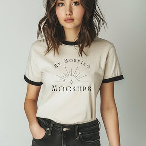 Natural & Black Next Level 3604 Mockup Ringer T-shirt Mockup NL 3604 Mock-up for Print on demand Natural 3604 mock up Contemporary Shirt
