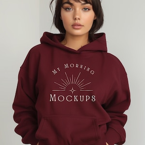 Gildan 18500 mockup hoodiemodel Gildan 18500 kastanjebruin model kastanjebruine hoodie mockup hedendaagse hoodie mockup voor Print on Demand-sweater