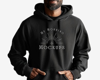 Maqueta de Gildan 18500 negra Maqueta de sudadera con capucha negra para impresión bajo demanda Maquetas de sudadera negra Maqueta de Gildan para hombre Maqueta de sudadera con capucha negra para hombres