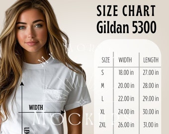 Gildan 5300 Größentabelle Gildan 5300 Mockup für Print on Demand Ästhetische Mockups für Gildan Mock-ups T-Shirt Mockup Größeninformationen