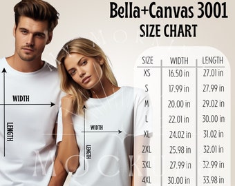 Bella Canvas 3001 Size Chart 3001 Size Chart, Unisex 3001 T-shirt Size Chart, Size Chart Mock up, Size Guide Mockup, Size info mockup