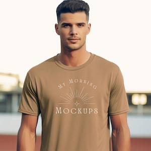 Herren Coyote Brown ST350 Tshirt Mockup für Athleten Design | Sport Tek ST350 Coyote Braun Athletisch Mockup, Herren tan Sport-Tek ST350 Mockup