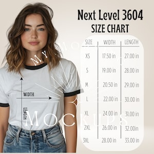 White Next Level 3604 Size Chart Next Level 3604 Mockup Ringer T-shirt Mockup NL 3604 Mock-up for Print on demand Next Level Size Chart 3604