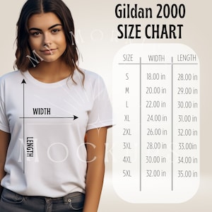 Pode incluir: Tabela de tamanhos Gildan 2000 para t-shirts. A tabela mostra as medidas de largura e comprimento em polegadas para os tamanhos S a 5XL.