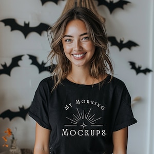 Maqueta de camiseta Black Comfort Colors 1717 Maqueta de Halloween para impresión bajo demanda Maquetas de camisa Black 1717 Maquetas de otoño Colores cómodos