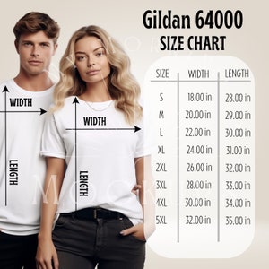 Gildan 64000 Größentabelle Mockup Chart für Paare, G64000 Größentabelle, Paar-T-Shirt Größeninfo, T-Shirt Größe Mockup 64000 Paar-Größentabelle