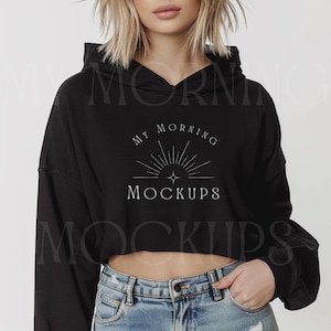 Independent Trading Company AFX64CRP Mockup In Black Hoodie Mockup Black Cropped Hoodie Mockup Black Sweatshirt Mockup For Print on Demand