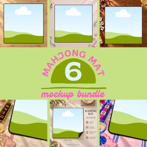 May include: A Mahjong mat mockup bundle featuring six square mats with a green landscape and cloud graphic. The text reads Mahjong Mat 6 mockup bundle. One mat shows dimensions of approximately 33 inches by 33 inches with a polyester surface.
