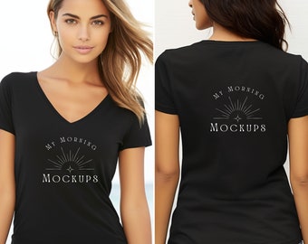 Bella Canvas 3005 Mockup V-Neck Black Woman&#39;s Front and Back Mockup, BC3005 Black Vneck Mockup for woman BC 3005 Woman front and back Mockup