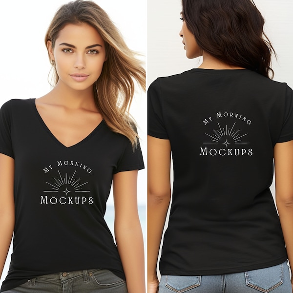 Bella Canvas 3005 Mockup V-Neck Black Woman's Front and Back Mockup, BC3005 Black Vneck Mockup for woman BC 3005 Woman front and back Mockup