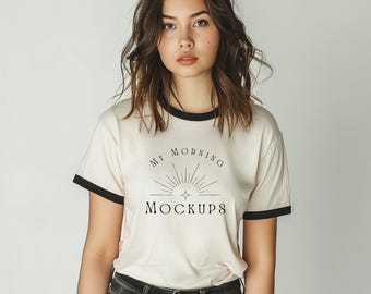 Natural and Black Next Level 3604 Mockup Ringer T-shirt Mockup NL 3604 Mock-up for Print on demand Natural 3604 mock up Contemporary Shirt