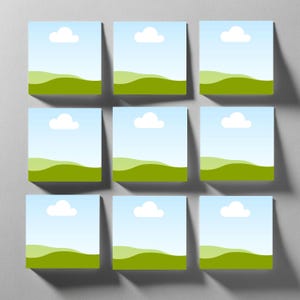 May include: Nine square art prints with a landscape design. Each print features a blue sky with a white cloud, green rolling hills, and a light green foreground. The prints are arranged in a 3x3 grid.