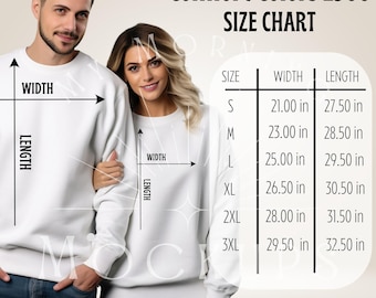 May include: White Comfort Colors 1566 sweatshirts with a size chart. The chart shows measurements in inches for sizes S through 3XL. The image includes a man and a woman wearing the sweatshirts.