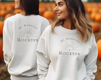 Gildan 18000 Mockup Weißes Sweatshirt Vorne und Hinten Mockup Weißes Herbst Sweatshirt Mockup Vorne und Hinten Sweatshirt Mockup Sweatshirt Mockup