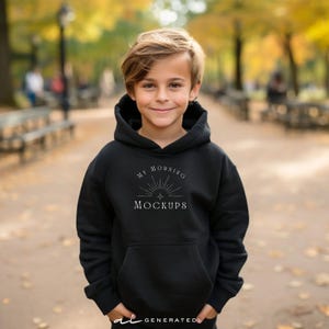 May include: A black hooded sweatshirt featuring a white graphic print on the chest. The design includes a sunburst icon above the text MY MORNING MOCKUPS. The garment has long sleeves, a front kangaroo pocket, and a hood with a drawstring-free neckline.