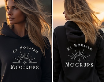 Mockup della felpa con cappuccio nera Lane Seven: viste anteriore e posteriore (JPG)