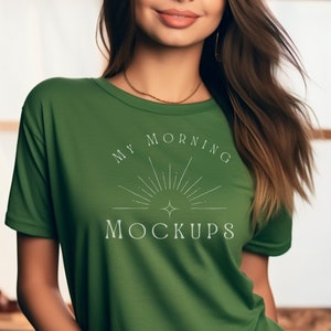 BC3001 Military Green Woman&#39;s Mockup | Bella+Canvas 3001 Green Woman&#39;s Boho Mockup T-Shirt | Bella Canvas Best Selling Boho green Mockups