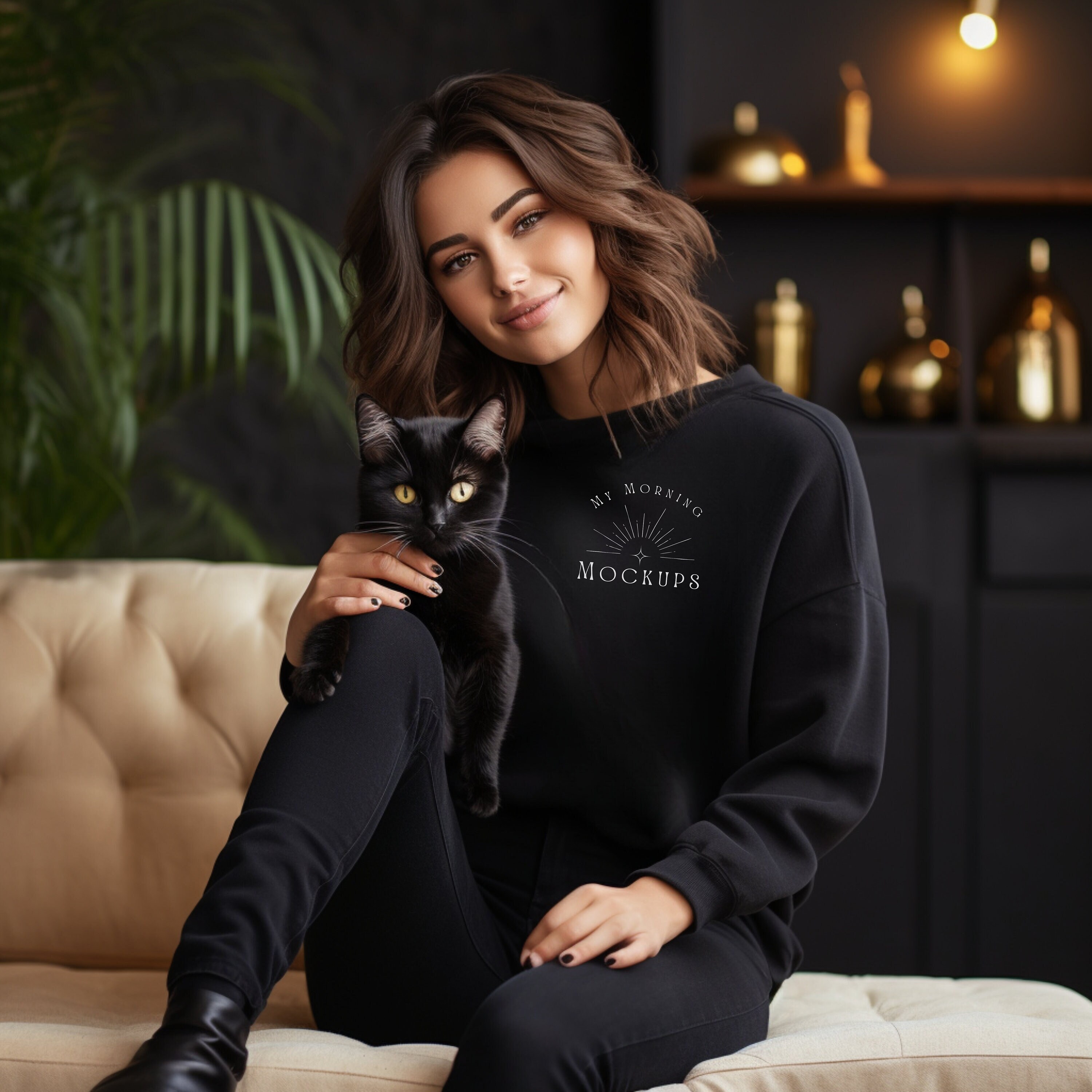 Bella Canvas 3945 Mockup Black,  Bella Canvas 3945 Sponge Fleece HTR Black Cat Mockup,  BC3945 Black Drop Shoulder Sweatshirt Mockup