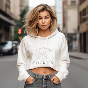 Independent Trading Company AFX64CRP White Mockup, White Cropped Hoodie Sweatshirt Mockup, Cropped White hooded Sweatshirt Mockup