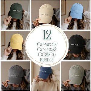 May include: A collection of twelve baseball caps in various solid colors, each featuring the word MOCKUP embroidered on the front. The caps are displayed in a grid format, showcasing different shades including olive, beige, blue, yellow, black, gray, and sage.