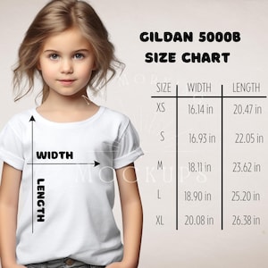 May include: A young girl wearing a white t-shirt, with a size chart for Gildan 5000B shirts. The chart shows measurements for XS, S, M, L, and XL sizes, including width and length in inches.
