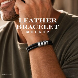 May include: A black braided leather bracelet featuring four cylindrical silver-toned metal beads, each engraved with a name. The text LEATHER BRACELET MOCKUP is overlaid in white. The bracelet is worn on a wrist against an olive green shirt.