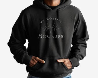Schwarz Gildan 18500 Mockup Schwarzer Hoodie Mockup Für Print on Demand Schwarzes Sweatshirt Mockups Männlicher Gildan Mock-up Schwarzer Hoodie MockUp für Männer