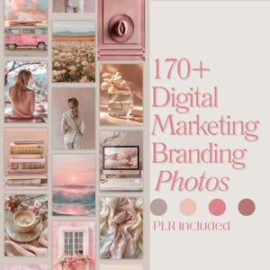 May include: A collection of 170+ digital marketing branding photos featuring pink-toned imagery including a van, floral fields, a hat, a person, a glass with a flower, books, a computer, a coffee cup, and fabric, with the text 170+ Digital Marketing Branding Photos PLR Included.