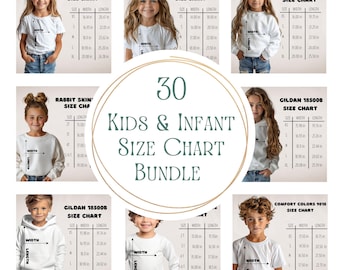 Può includere: Un pacchetto di 30 tabelle taglie per bambini e neonati con vari modelli di abbigliamento Gildan, Rabbit Skins e Comfort Colors. Ogni sezione mostra un bambino con una maglietta o felpa bianca e una tabella taglie in pollici per larghezza e lunghezza.