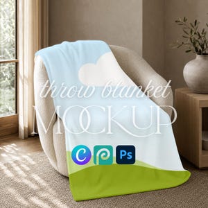 May include: A throw blanket featuring a light blue sky with a white cloud and a green grassy hill. The text "throw blanket MOCKUP" is printed in white across the center, with Canva, Photopea, and Photoshop icons displayed below.