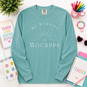 Comfort Colors 6014 Mockup - Color Seafoam - Teacher Flat Lay Mockup