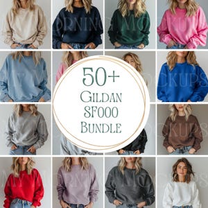 May include: A collection of Gildan SF000 sweatshirts in various colors, including beige, navy, green, pink, blue, gray, brown, red, lavender, dark gray, and white. The image features the text "50+ Gildan SF000 Bundle".