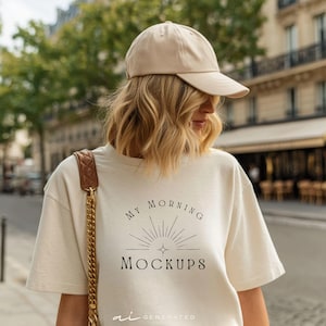 May include: A beige baseball cap and a beige short-sleeved t-shirt featuring the black text My Morning Mockups with a sunburst graphic. The shirt has a brown quilted shoulder strap with a gold chain attached to the side of the garment.