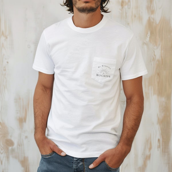 Comfort Colors 6030 Mockup Pocket T-shirt Mockup White 6030 Mockup Pocket Tee Mockup Male Mockups Print on Demand Comfort Colors Mockup Men