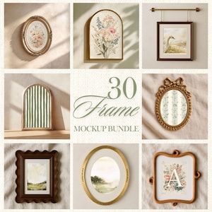 Könnte beinhalten: Eine Sammlung von neun gerahmten Kunstwerken, darunter ovale, bogenförmige und rechteckige Rahmen. Die Rahmen sind in verschiedenen Stilen und Farben gehalten, mit Kunstwerken, die Blumenarrangements, Landschaften und abstrakte Designs zeigen. Der Text "30 Frame Mockup Bundle" ist ebenfalls sichtbar.