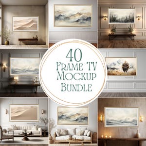 May include: A selection of framed TV mockups displaying landscape art prints, including desert dunes, mountain ranges, and forest scenes. The text "40 Frame TV Mockup Bundle" is presented in a circular design.